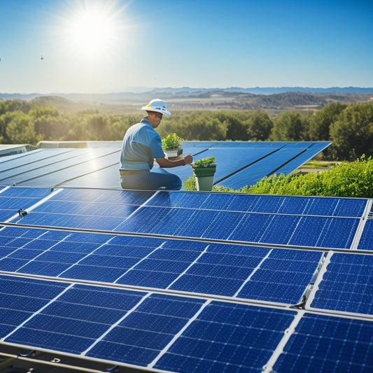 A neatly arranged solar panel installation on a commercial rooftop, with a technician inspecting panels under bright sunlight, surrounded by green plants and a clear blue sky, showcasing efficient maintenance practices.