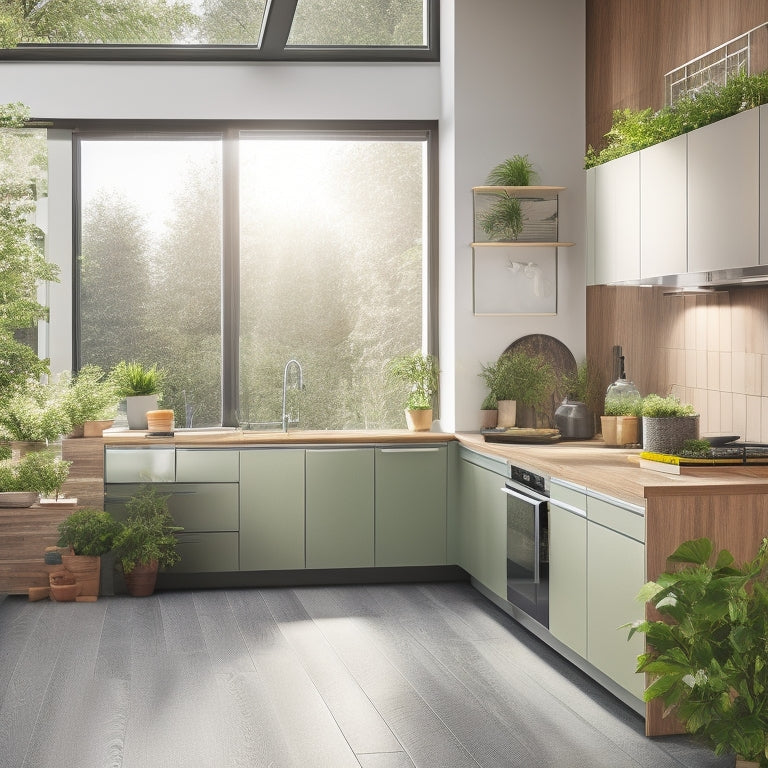 A modern kitchen featuring sleek solar-powered appliances, sunlit windows, green plants, and energy-efficient designs, with solar panels visible on the roof, emphasizing sustainability and harmony with nature in a warm, inviting atmosphere.