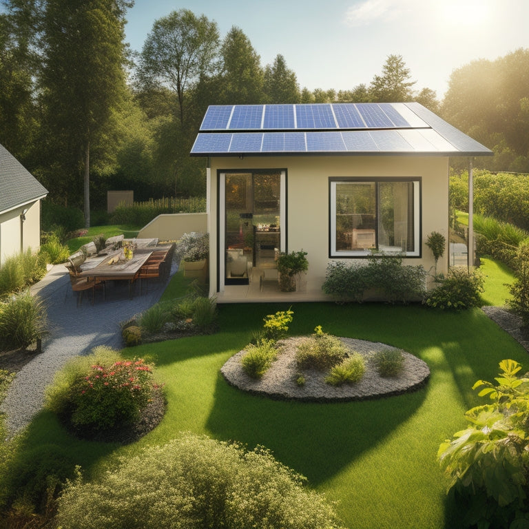 A sunny backyard with a small, modern house, solar panels installed on the roof, and a few DIY tools scattered around, surrounded by lush greenery and a subtle cityscape in the background.