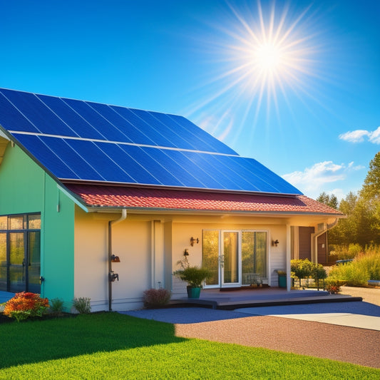 A bright sun shining over a modern suburban home with solar panels on the roof, a laptop showing a shopping website, and a dollar sign symbolizing savings, all set against a clear blue sky.