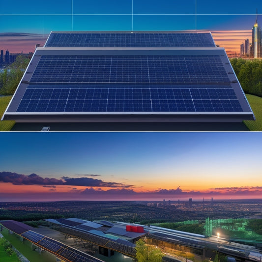 A split-screen image: on the left, a rooftop with a grid of sleek, black solar panels, with a subtle glow emanating from each cell; on the right, a futuristic dashboard with colorful graphs and charts displaying real-time energy output metrics.