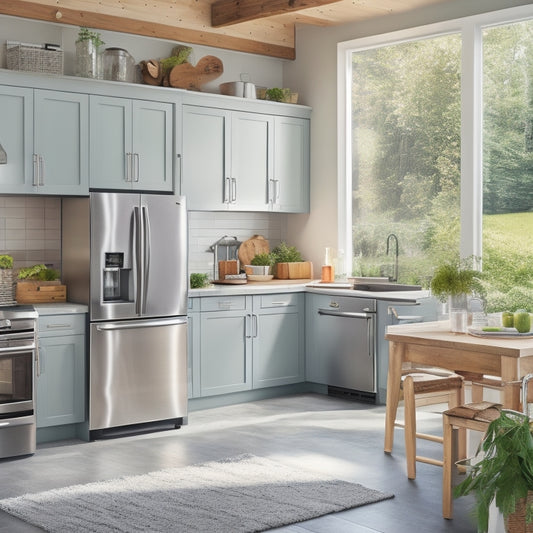 A cozy kitchen filled with sleek, modern energy-efficient appliances. Sunlight streams through a window, highlighting a shiny refrigerator, a quiet dishwasher, and an eco-friendly stove, surrounded by greenery and recycling bins.