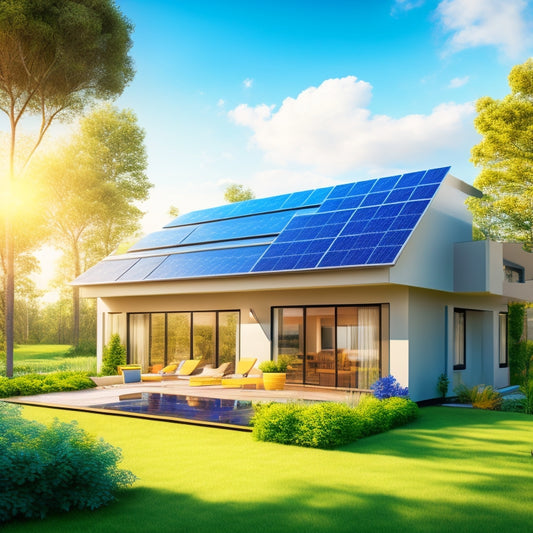 An illustration of a modern, sustainable home with solar panels on the roof, surrounded by lush greenery, with a bright blue sky and fluffy white clouds in the background.