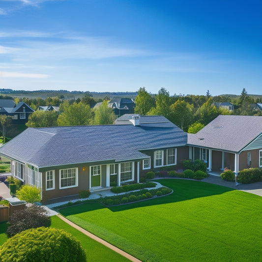 A serene suburban neighborhood with various homes featuring different solar panel systems on their rooftops, showcasing diverse panel sizes, angles, and installation styles amidst a sunny blue sky.