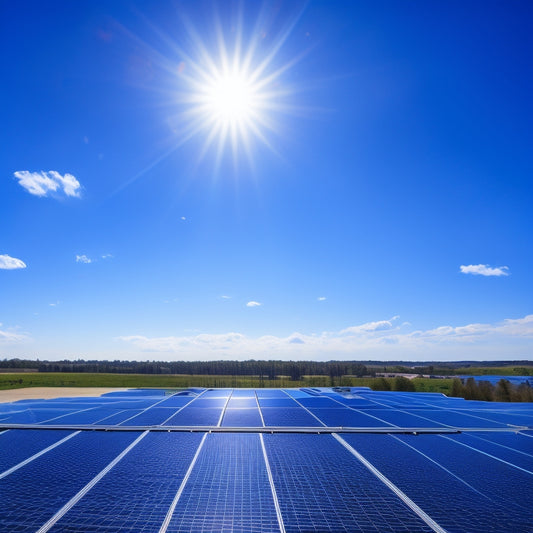 A bright blue sky with a few wispy clouds, a modern commercial building with a sleek roof, and a series of shiny black solar panels installed at an angle, with sunlight reflecting off them.