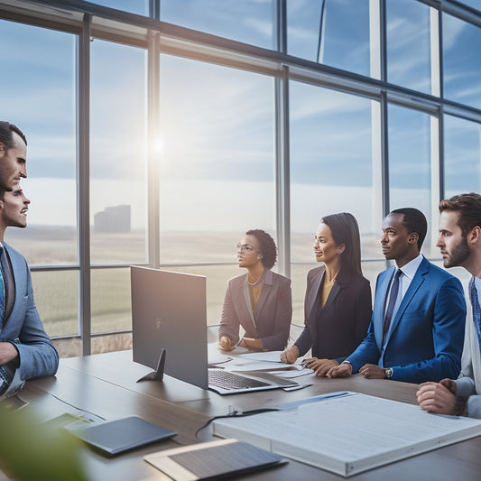A diverse group of business professionals analyzing renewable energy graphs and charts in a modern office, sunlight streaming through large windows, solar panels visible outside, wind turbines in the distance, lush greenery surrounding the building.