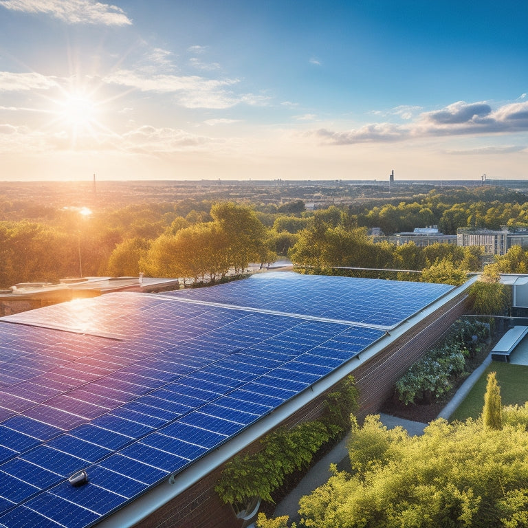 A vibrant rooftop adorned with solar panels, surrounded by lush greenery, a busy urban landscape in the background, showcasing a modern building with large windows reflecting sunlight, symbolizing sustainability and innovation in business.
