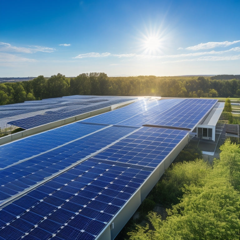 A rooftop covered in solar panels on a modern commercial building, with clear blue skies and bright sunlight, casting shadows. In the background, energy-efficient office windows and a green landscape highlight sustainability.