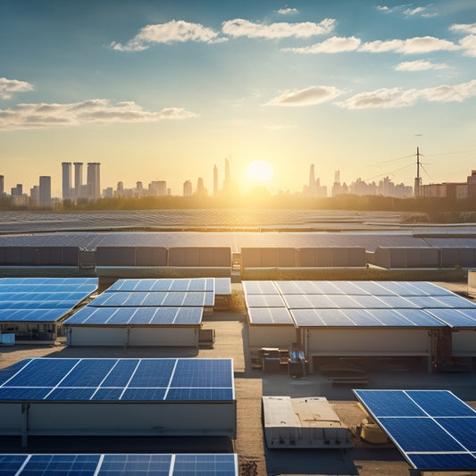 A sunny background with a warehouse storing stacks of solar panels in the center, with a few panels leaning against a wall, and a subtle hint of a cityscape in the distance.