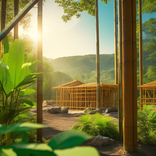 A serene construction site featuring bamboo, reclaimed wood, and green insulation materials under a bright sky, surrounded by lush greenery and solar panels, illustrating harmony between modern architecture and nature.