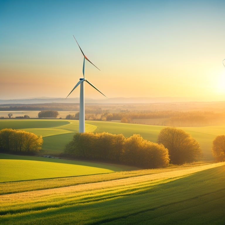 A serene landscape with a wind farm in the distance, sun shining down, and a few trees swaying gently in the breeze, with a subtle glow around the turbines.