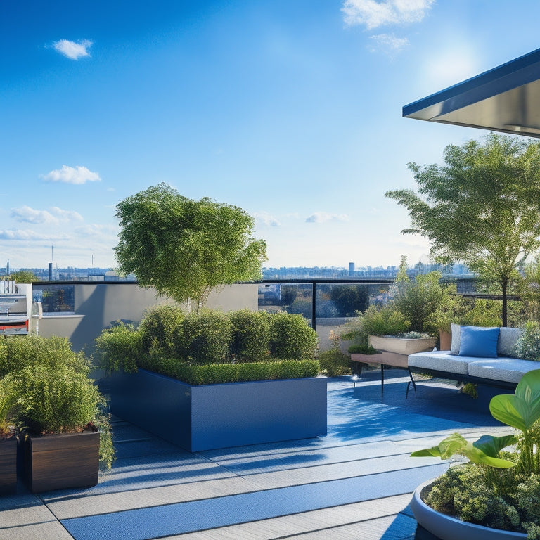 A modern urban rooftop adorned with sleek solar panels, surrounded by lush greenery, potted plants, and a serene patio, under a blue sky dotted with fluffy clouds, showcasing a sustainable, eco-friendly lifestyle.