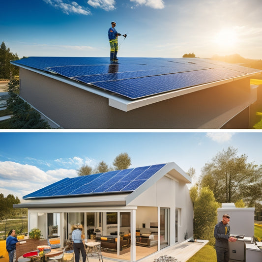 A modern home with a sleek roof covered in solar panels, a technician in uniform working on the installation, with a clear blue sky and radiant sun overhead, and digital icons representing online connectivity.