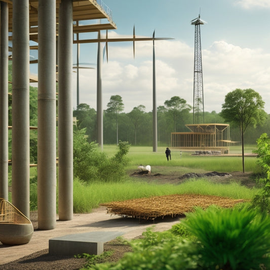 A serene construction site featuring bamboo scaffolding, recycled concrete blocks, and biophilic design elements, surrounded by lush greenery, with solar panels and wind turbines in the background, showcasing innovative sustainable building materials.