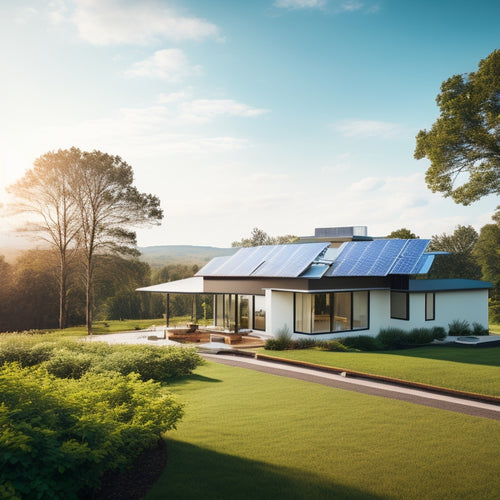 A serene landscape with a modern house in the distance, surrounded by lush greenery, with several sleek solar panels installed on the roof, angled towards a bright blue sky with a few puffy white clouds.