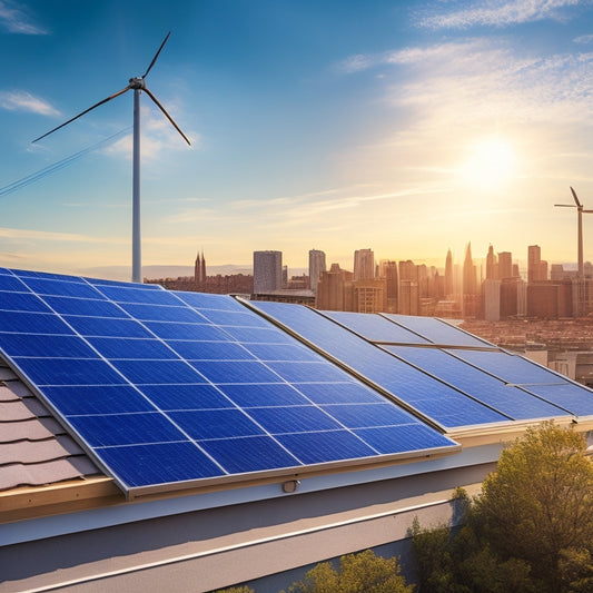 A photorealistic image featuring a single rooftop solar panel with a slight angle, set against a clear blue sky with a few wispy clouds, surrounded by rooftop tiles and a subtle cityscape in the background.