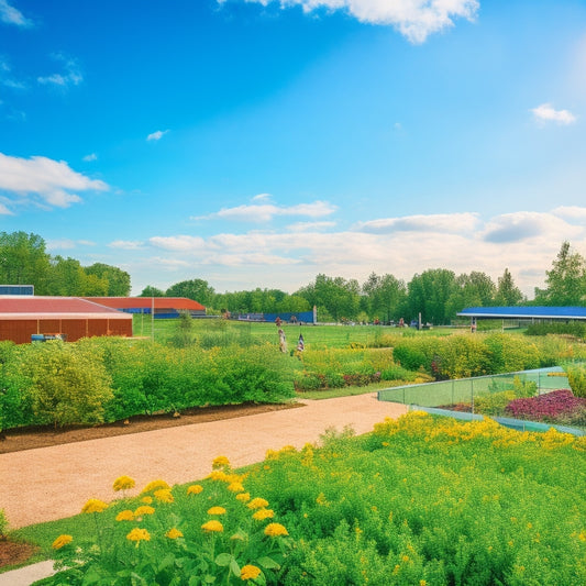 A vibrant community garden with solar panels overhead, wind turbines in the background, diverse people collaborating on eco-friendly projects, and lush greenery symbolizing sustainability and energy independence. Bright blue sky with fluffy clouds.