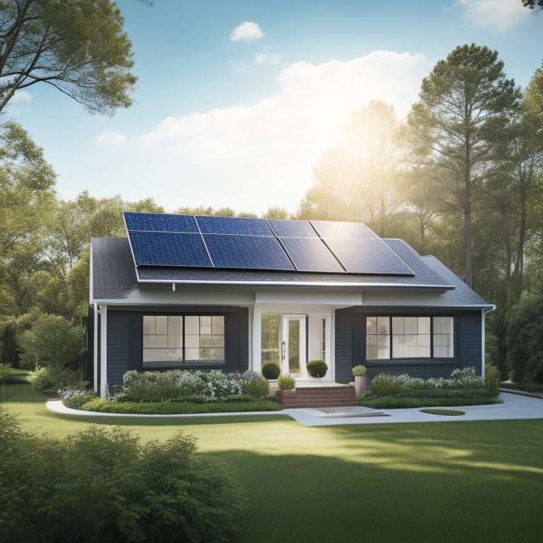 A serene suburban home with sleek, black solar panels installed on the roof, surrounded by lush green trees and a bright blue sky with a few puffy white clouds.