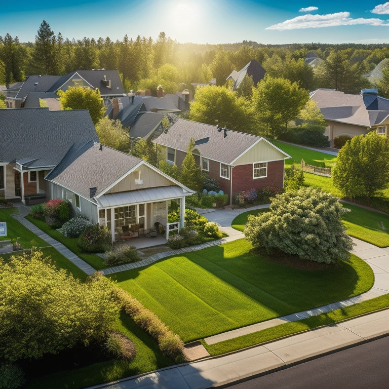 A bright, sunlit suburban neighborhood with solar panels gleaming on rooftops, lush green lawns, and families enjoying outdoor activities. A nearby signpost points toward eco-friendly homes, emphasizing sustainability and tax benefits.