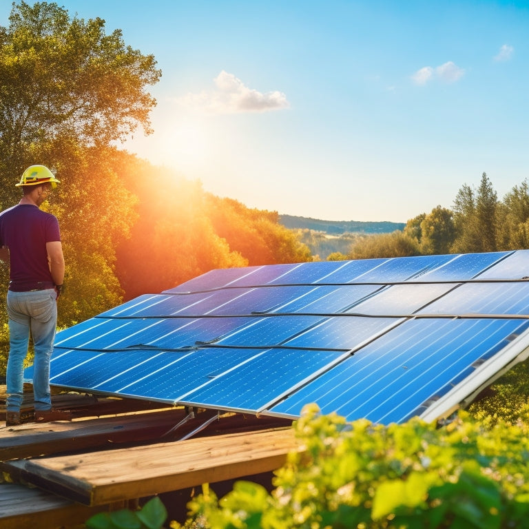 A sunny day with a homeowner inspecting solar panels on a rooftop, equipped with cleaning tools and safety gear, surrounded by lush greenery and a clear sky.