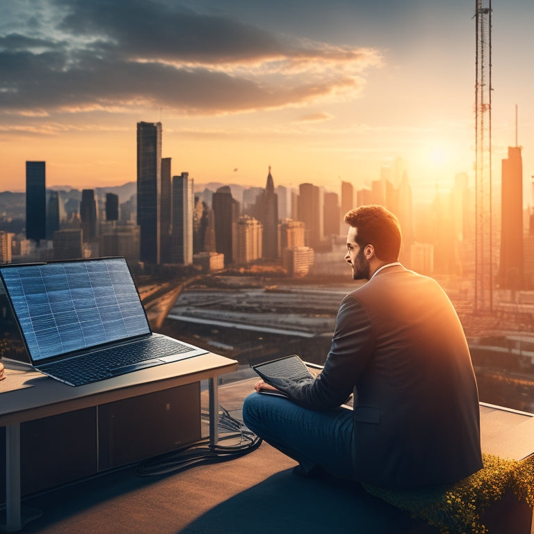 An illustration of a person sitting in front of a laptop, surrounded by solar panels and a cityscape in the background, with a subtle grid pattern of solar panels overlaying the city buildings.