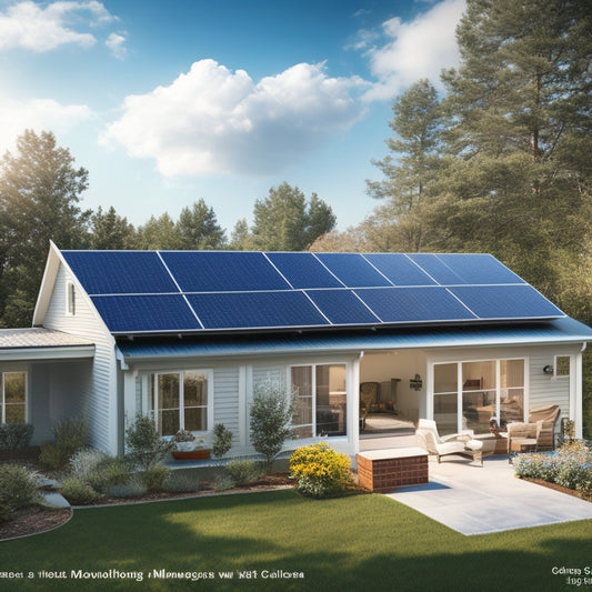 An illustration of a suburban home with various solar panel types installed: monocrystalline on the roof, polycrystalline on the garage, thin-film on the shed, and bifacial on the backyard patio.