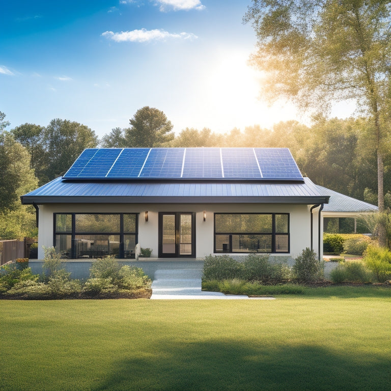 A serene suburban home with sleek, black solar panels installed on the roof, surrounded by lush greenery, under a bright blue sky with a few wispy clouds, conveying a sense of eco-friendliness.