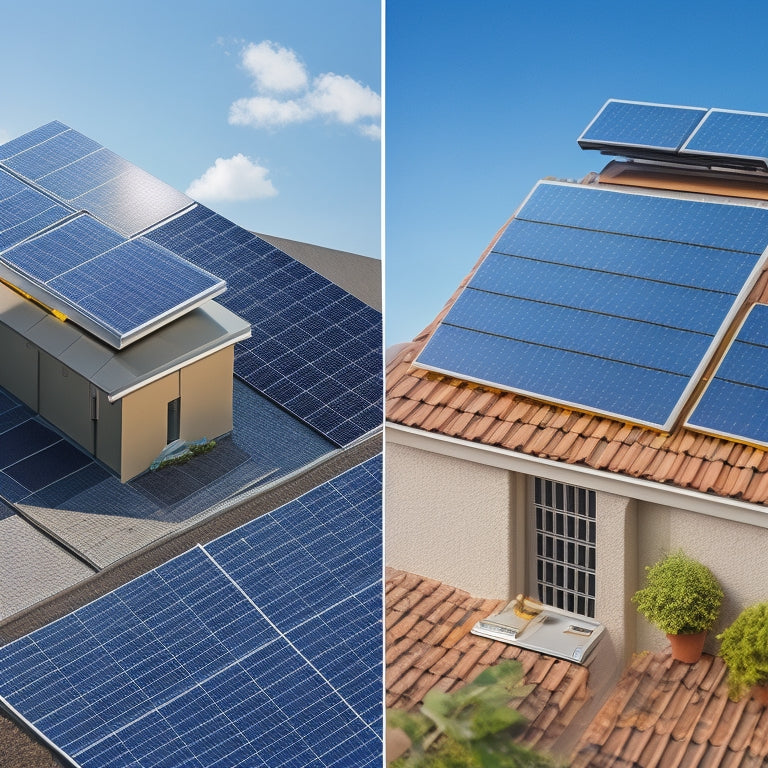 A split-screen image: a sunny rooftop with shiny black photovoltaic panels installed, next to a calculator and a pile of money with a miniature house model on top.