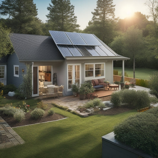 A serene backyard with a single-story house, a ladder leaning against the roof, and a few solar panels already installed, surrounded by tools and a blueprint on a clipboard.