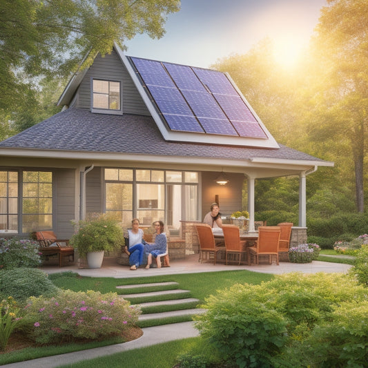 A sunlit suburban home with solar panels on the roof, surrounded by lush greenery, energy-efficient appliances visible through a window, and a family enjoying outdoor activities, conveying a sense of sustainability and eco-friendliness.