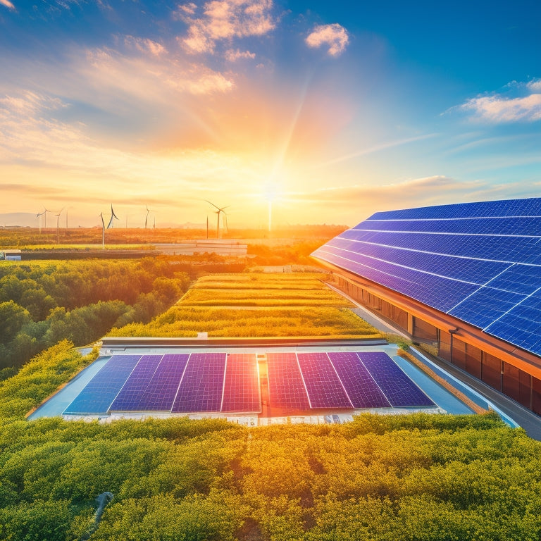 A vibrant renewable energy landscape featuring solar panels on a rooftop, wind turbines in the background, lush greenery, and a modern eco-friendly office building with large windows reflecting the sun's rays.