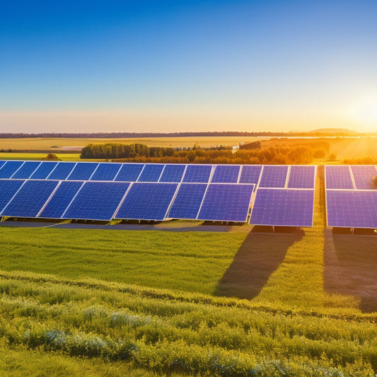 A vibrant solar farm with gleaming panels under a bright sun, surrounded by lush greenery and eco-friendly businesses with green roofs, wind turbines in the background, and a clear blue sky reflecting sustainability.