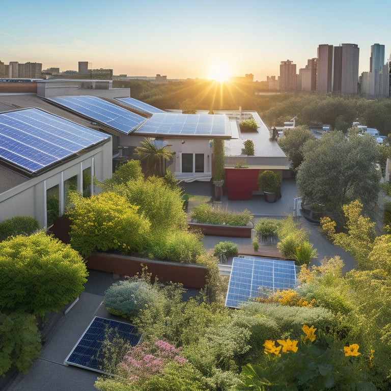 A vibrant rooftop adorned with solar panels, surrounded by lush greenery, featuring thriving plants and flowers. A clear blue sky overhead, with rays of sunlight streaming down, illuminating the eco-friendly scene.
