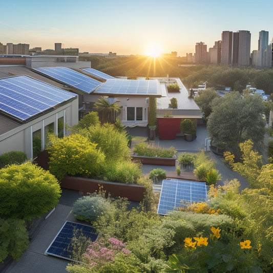 A vibrant rooftop adorned with solar panels, surrounded by lush greenery, featuring thriving plants and flowers. A clear blue sky overhead, with rays of sunlight streaming down, illuminating the eco-friendly scene.