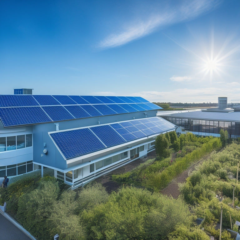 A modern, sleek commercial building with a rooftop covered in sleek, dark blue solar panels, surrounded by a vibrant green rooftop garden, with a bright blue sky and fluffy white clouds.