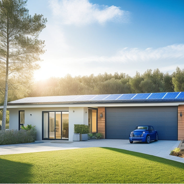 A cozy modern home with solar panels on the roof, a sleek battery storage system in the garage, and lush greenery surrounding, under a bright blue sky, showcasing a sustainable energy lifestyle.