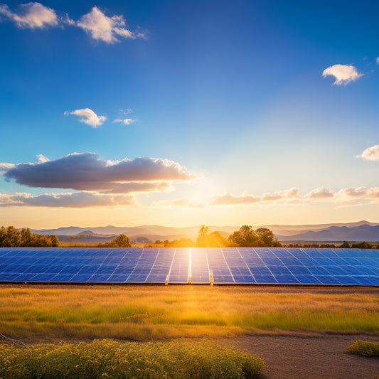A serene landscape with multiple solar panels in the foreground, varying in size and shape, set against a bright blue sky with a few wispy clouds and a subtle sun in the top-left corner.