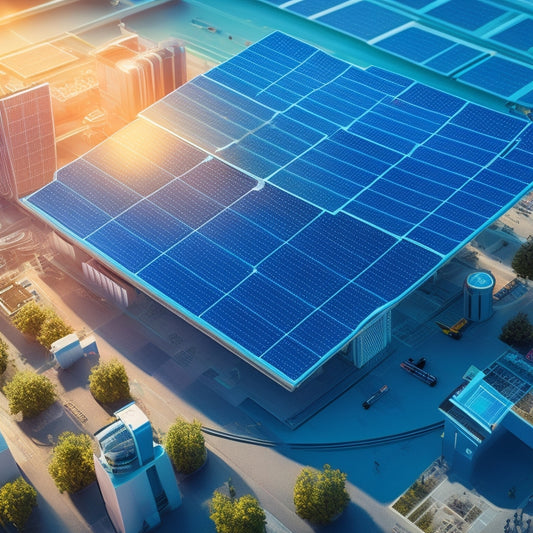 A futuristic, high-tech illustration depicting a commercial building with a sprawling solar panel roof, surrounded by orbiting 3D models of solar panels, wires, and circuit boards.