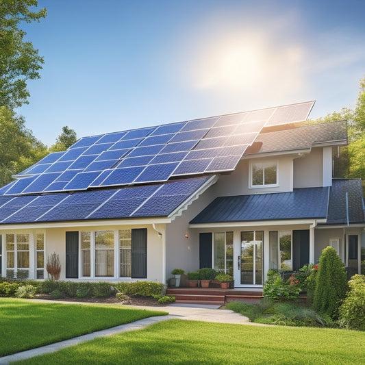 A serene suburban home with solar panels installed on the roof, surrounded by lush greenery and a bright blue sky, with a subtle hint of sunlight reflecting off the panels.