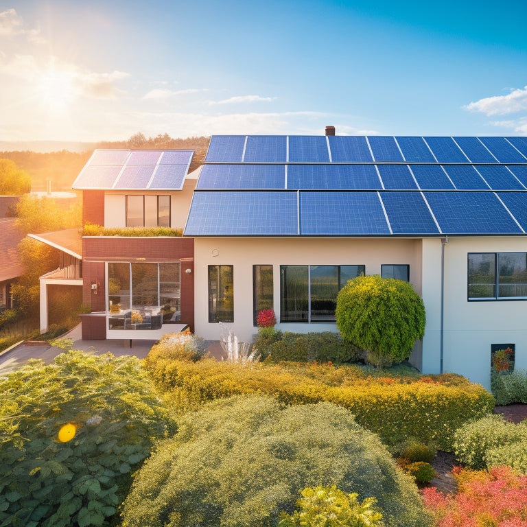 A vibrant rooftop adorned with solar panels, a small wind turbine spinning gently, lush greenery surrounding a modern home, and energy-efficient appliances visible through large windows, all bathed in warm sunlight.