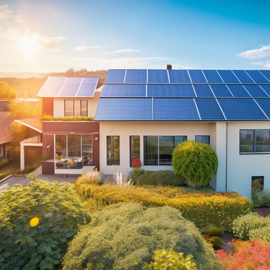 A vibrant rooftop adorned with solar panels, a small wind turbine spinning gently, lush greenery surrounding a modern home, and energy-efficient appliances visible through large windows, all bathed in warm sunlight.