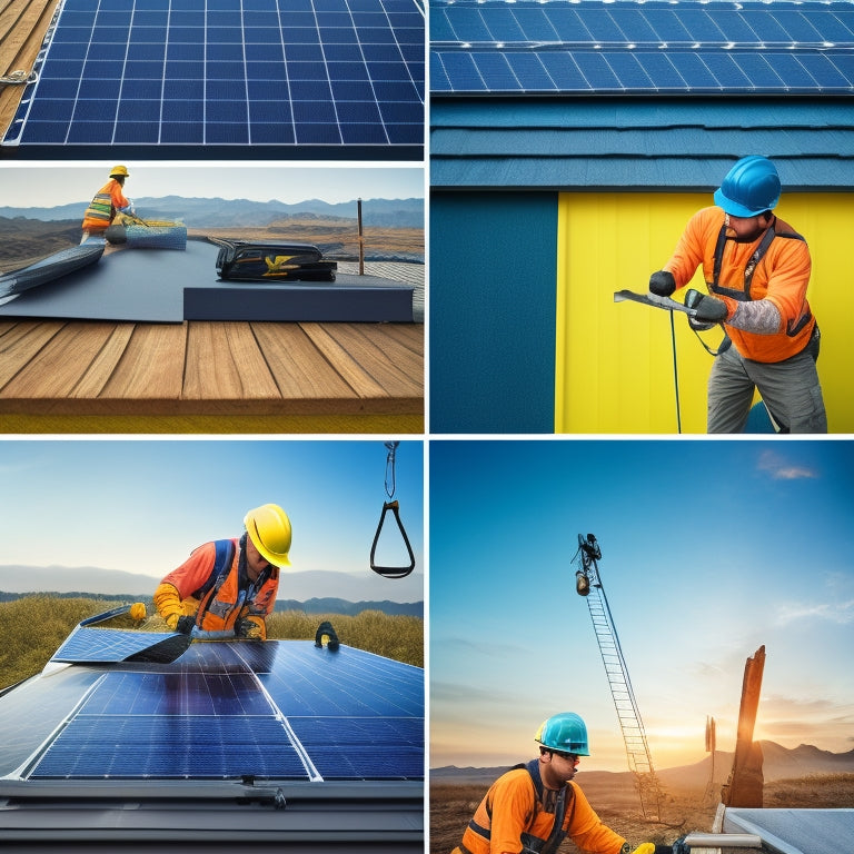 A step-by-step illustration of a DIY solar roof panel installation, depicting a person in a hard hat and gloves, with tools and materials, on a pitched roof with solar panels at various stages of assembly.