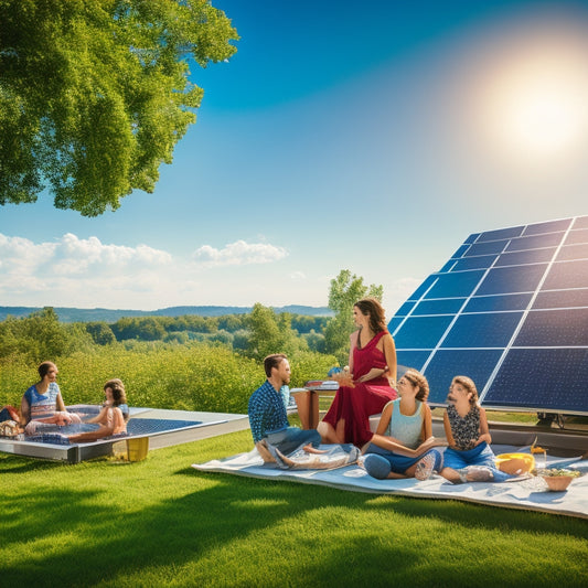 A vibrant solar panel installation on a sunny rooftop, surrounded by lush greenery, with a family enjoying a picnic nearby, and a clear blue sky overhead, symbolizing eco-friendly energy savings and sustainability.