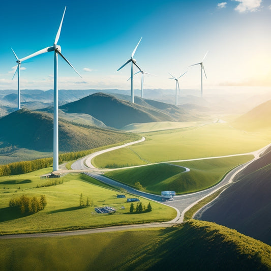 A futuristic, aerial illustration of a sprawling, interconnected network of wind turbines, solar panels, and hydroelectric dams, set against a backdrop of rolling hills and a sunny blue sky.