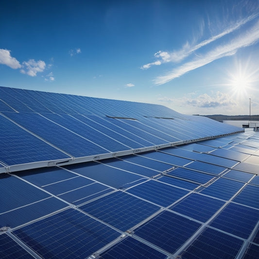 A photorealistic illustration of a large commercial rooftop covered with sleek, black solar panels, with a subtle grid pattern of wires and mounts, set against a bright blue sky with a few wispy clouds.