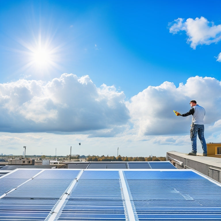 A bright blue sky with fluffy white clouds, a modern rooftop with sleek black solar panels installed, and a ladder leaning against the roof with a toolbox and a worker's gloved hand.