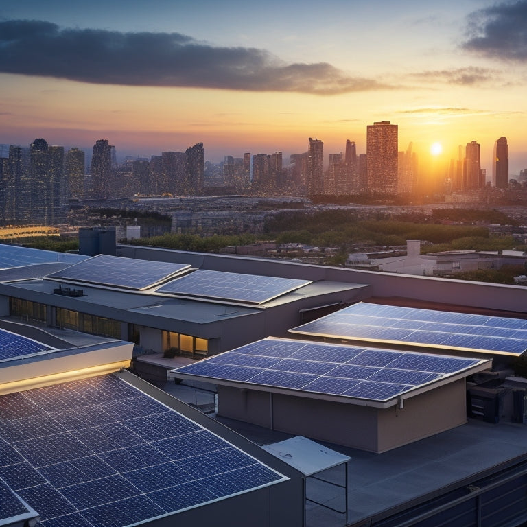 A photorealistic image of a commercial rooftop with variously sized solar panels, vents, and skylights, showcasing different panel layouts and orientations amidst a cityscape backdrop at dusk.