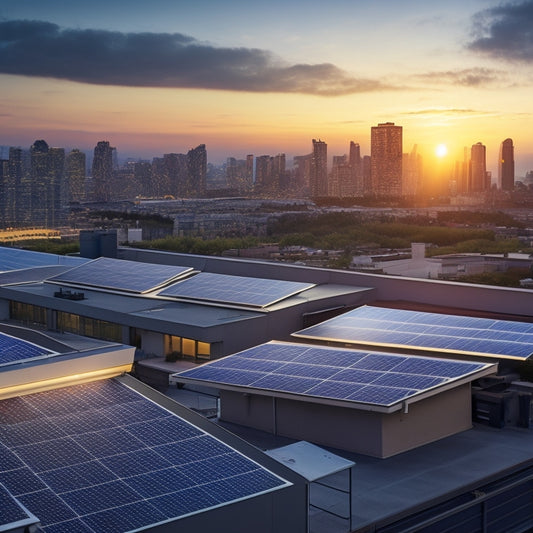 A photorealistic image of a commercial rooftop with variously sized solar panels, vents, and skylights, showcasing different panel layouts and orientations amidst a cityscape backdrop at dusk.