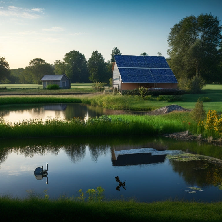 A serene rural landscape with a solar panel array in the distance, a water pump in the foreground, and a lush green garden or farm surrounding a tranquil pond or lake.