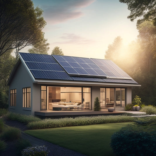 A serene suburban house with a sleek solar panel array on its roof, surrounded by lush greenery, with a subtle glow emanating from the windows, conveying a sense of eco-friendly efficiency.